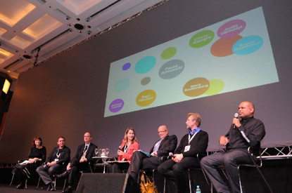 Panelbeszélgetés a kongresszus első napján. Várhelyi Judit, Richard Hassell, Bruce Nussbaum, Paola Antonelli, Mark Breitenberg, Chris Bangle és Ravi Naidoo. 